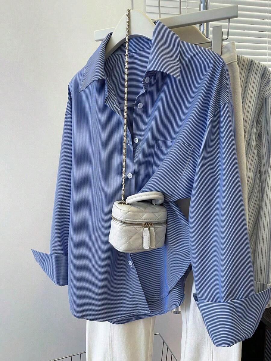 Camisa casual azul de mujer de manga larga a rayas y de un solo abotonado - Azul - Ver 1