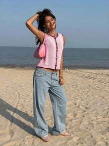 Blusa de punto sin mangas con ribete de bloques de color para vacaciones en la playa de mujer - Rosa - Ver 4