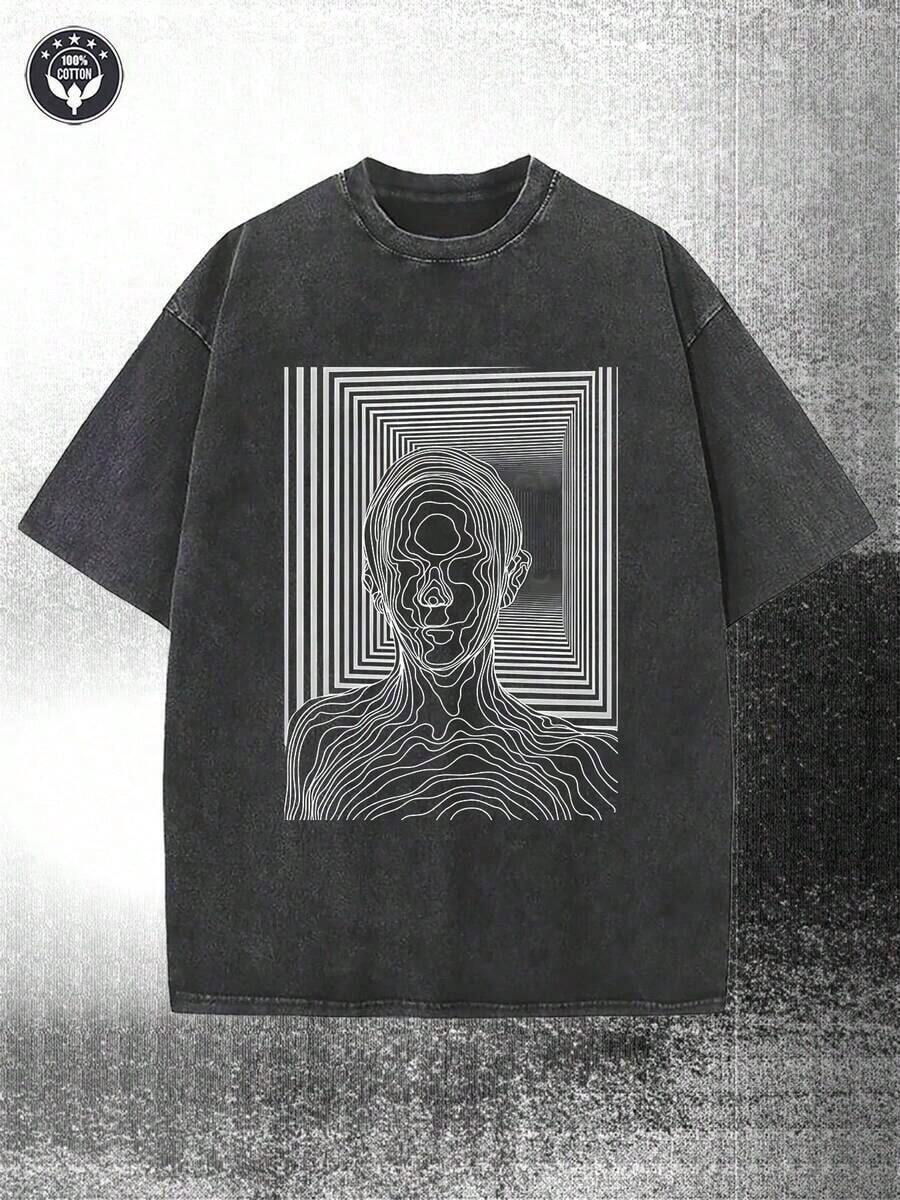 Men's 230g T-Shirt, Washed, With An Artistic Line Print, Made Of High-Quality Wax-Print Cotton, Casual For All Seasons, Perfect Gift For Street Style, Outdoor Activities, And Festivals. | Exquisite Design | Loose And Comfortable | Easy To Match | - Black - View 1