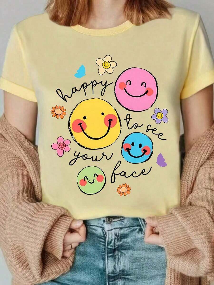 Funny Cartoon Face Print T-Shirt, Summer 2026 Novelty, Back To School Teacher T-Shirt, "It's A Pleasure To See You" T-Shirt, Teacher Life T-Shirt, Teacher Appreciation Gift, Teacher's Day Gift, Urban Retro T-Shirt For Everyday Wear. - 杏色 - 查看 1
