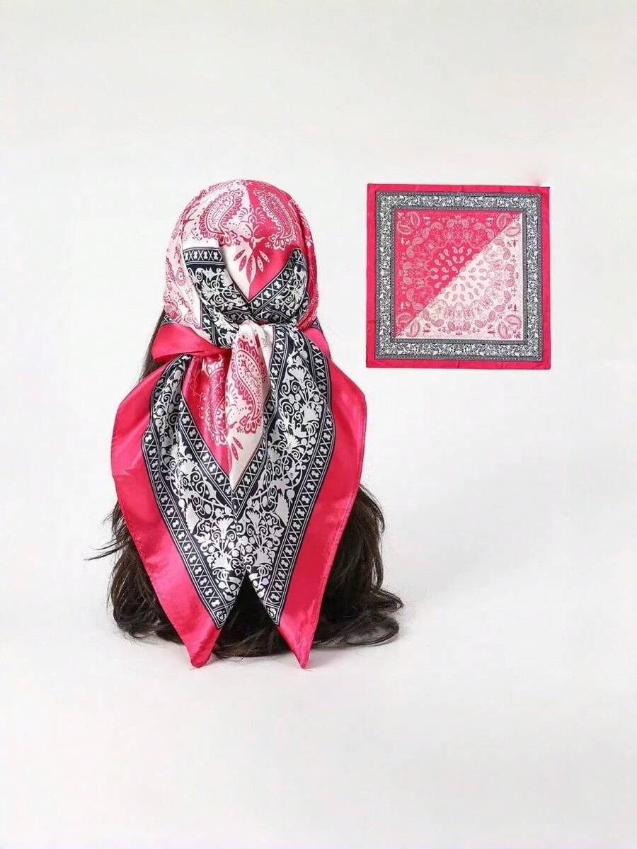 Women's Large Square Satin Scarf 90x90 Elegant Fashion Bandana For Hair And Neck - L1-rosa vermelho - 查看 1