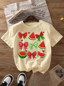 Women's Oversized Short Sleeve Summer T-Shirt With Watermelon Graphic Print, Round Neck, Casual Style, For Summer And Spring, Women's Clothing, 100% Cotton - 杏色 - 查看 2