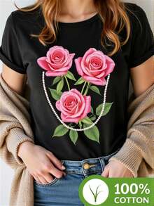 Una elegante camiseta de mujer, decorada con rosas rosas en 3D y cadenas de perlas, y con estampados de hojas verdes. Esta camiseta suave y transpirable ofrece un ajuste cómodo, con mangas cortas y cuello redondo. -Camiseta unisex de algodón suelto de manga corta y cuello redondo estilo vintage urbano. - Negro - Ver 7