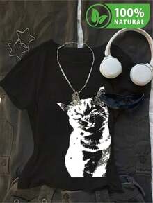 Camiseta negra con diseño de gato pixelado estilo retro gráfico moderno casual para amantes de felinos moda urbana juvenil ideal para outfit del día a día esencial en guardarropa mexicano algodón de alta calidad y confort para tus mejores momentos looks auténticos temporada 2023 - Negro - Ver 12