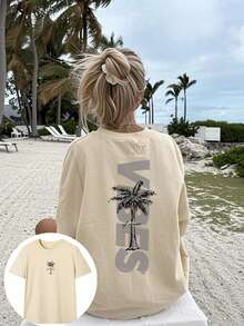 Nueva Llegada 2026: Esta camiseta de manga corta con cuello redondo y estampado minimalista de palmera para mujer es sencilla y versátil, adecuada para uso diario y en días de descanso. Camiseta Gráfica para Mujer, Blanca, Negra, Rosa, Verano, Tela Suave, Transpirable, Moda, 100% Algodón, Uso Diario, Camiseta con Estampado Gráfico para Mujer - Albaricoque - Ver 1