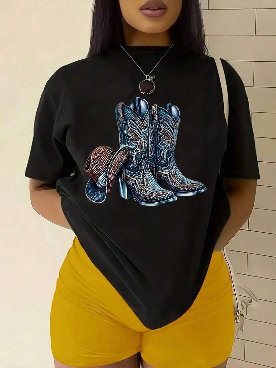 100% algodón puro, Camiseta de mujer con botas de vaquero estilo western, diseño floral y bordado azul intrincado, ideal para rodeos y festivales, adecuada para cumpleaños, Halloween, Día de Acción de Gracias, Navidad, regalos ideales para amigos y familiares, apta para todas las estaciones, ropa de talla grande para mujer. - Negro - Ver 1
