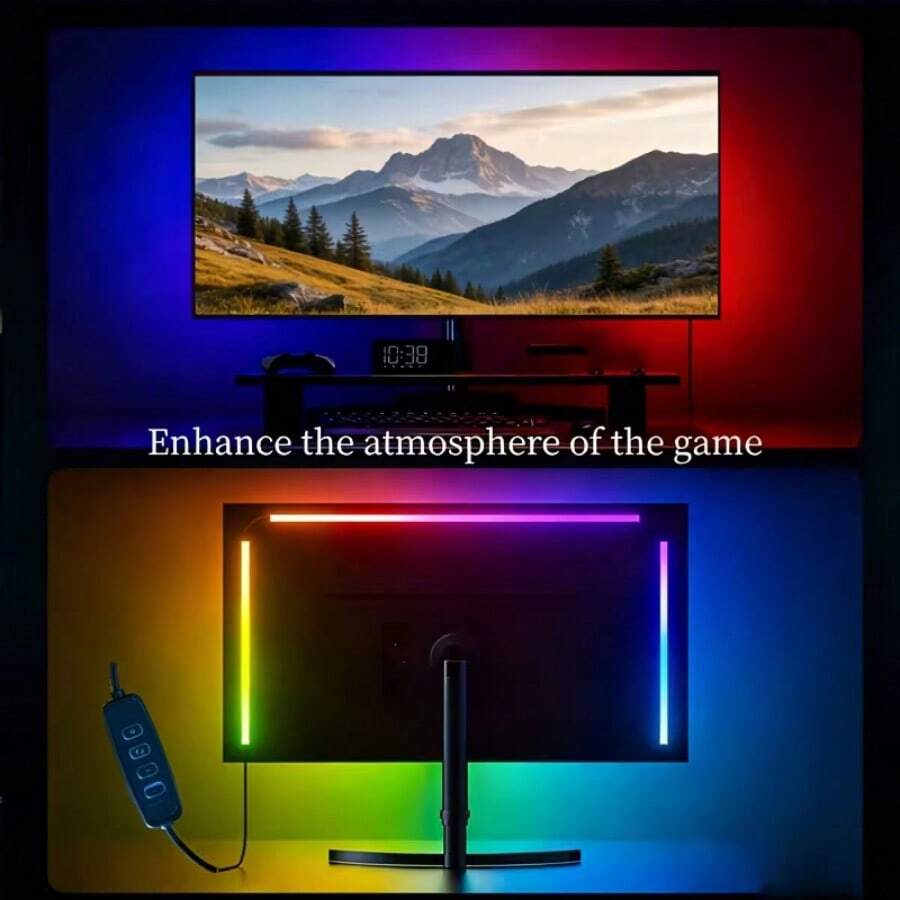 1 pieza Luz ambiente para monitor de computadora, tira de luces LED, barra de luz RGB para juegos de escritorio, múltiples modos de cambio de color, lámpara de ambiente LED, alimentada por USB, multifuncional de 4 teclas, adecuada para decoración de habitaciones, escritorio, iluminación trasera LED para monitor de juegos - USB - Ver 1