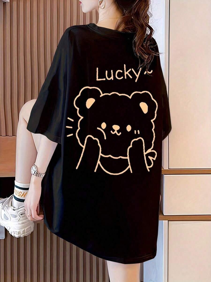 Camiseta holgada de oso gráfico - Casual moderno - Ropa cómoda para mujer - Diseño juvenil - Estilo versátil para el día a día - Disponible en tallas M, L, XL - Color negro - Moda femenina - popular - Negro - Ver 1