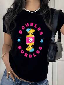 Camiseta con Estampado Gráfico de Candy Baseball, 180g, 1 Pieza, Doubles And Bubbles, Camiseta Casual para Mujer, 100% Algodón, Estilo Retro Streetwear - Negro - Ver 9