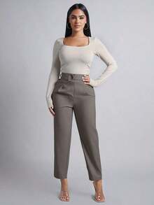 Pantalones de cintura alta de unicolor para mujer - Gris Claro - Ver 3