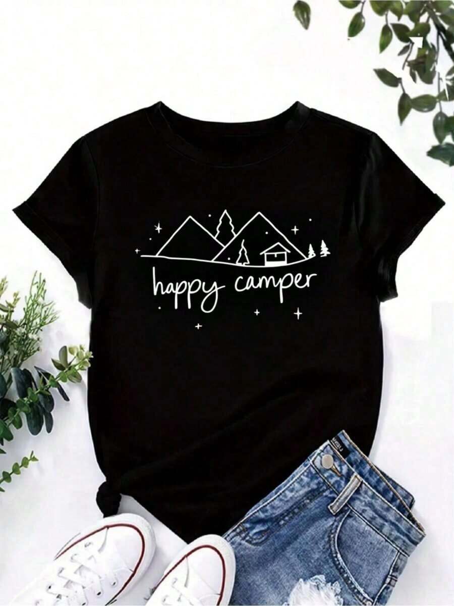 Camiseta única Y2K con diseño minimalista de montaña y texto "happy camper" ideal para los amantes de la aventura y la naturaleza perfecciona tu estilo casual en cualquier ocasión y muestra tu espíritu libre en cada paso que des - Negro - Ver 1