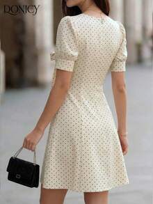 DONICY Women's Mini Dress With V-Neck, Petal Sleeves And A-Line Skirt With Bow Decoration, In Black And White Polka Dot Print, Summer Dress - 灰色 - 查看 2
