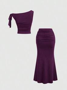 Conjunto de 2 piezas de top sin mangas con decoración de flor metálica de color café y falda de cola de pez para mujer, para otoño/invierno - Morado - Ver 2