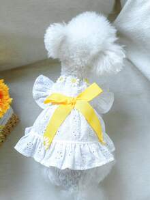 1 pieza Ropa para mascotas, Atuendo para exteriores e interiores para perros pequeños, cachorros, gatos, Estilo europeo y coreano Vestido casual nuevo con margaritas - Blanco - Ver 2
