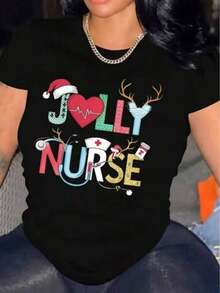 Ropa de mujer a la moda, camiseta casual de manga corta con estampado de diseño médico navideño de enfermera alegre, ropa casual para el día a día, deportes y vacaciones, sencilla y elegante. - Negro - Ver 7