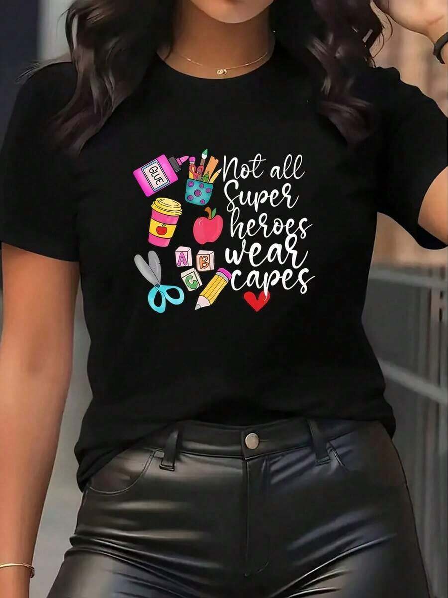 Women's Cotton T-Shirts, Creative And Fun Short-Sleeve T-Shirt For Women | "Superheroes Don't Wear Capes" Pattern, Machine Washable, Casual Crew Neck, Suitable For All Seasons, Multicolor Options, Ideal For Birthday Parties, Gifts, And Everyday Wear >Clothing - 黑色 - 查看 1