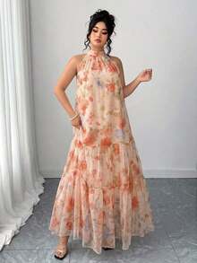 Vestido de malla floral sin mangas elegante para mujer de talla grande - Naranja Coral - Ver 6