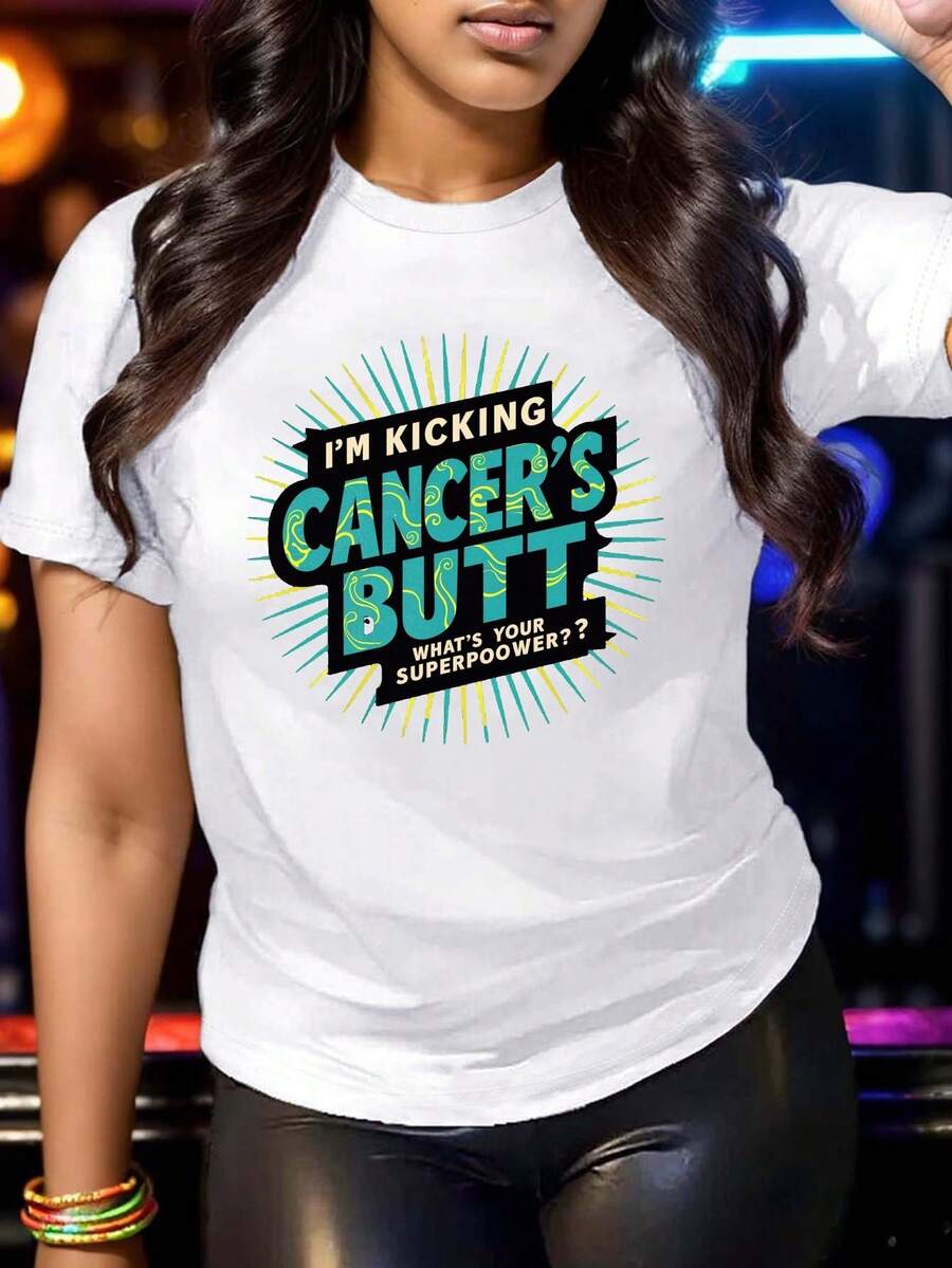 Voy a darle una paliza al cáncer, camiseta de mujer de color sólido, ajuste cómodo - Camiseta unisex de algodón suelto de manga corta y cuello redondo estilo vintage urbano. - Blanco - Ver 1