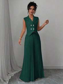 Conjunto elegante de top y falda para mujer de diseño sencillo con cuello de solapa, sin mangas y con botones delanteros en un solo color - Verde Oscuro - Ver 5