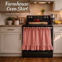 Handmade Oven Skirt, Farmhouse Style Kitchen Decor, With Satin Ribbons, Hanging Ornaments And Ruffle Trims, Rustic Oven Door Curtain Decor, Suitable For Cottage And Daily Kitchen, Room, Home Decoration - 紅色 - 查看 4