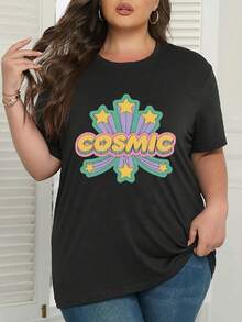 Cuello Redondo Talla Grande - Talla Grande - Camiseta de Mujer Talla Grande con Estampado Cósmico - Diseño de letras brillantes, holgada y cómoda, mangas cortas, cuello redondo, mezcla elástica, adecuada para primavera y otoño, uso diario. |   Top con diseño de temática espacial |   Blusas de material suave para mujer casual - Negro - Ver 4