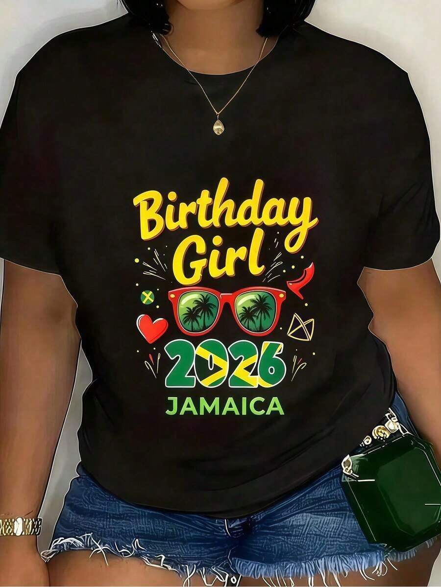 1 pieza Camiseta negra con estampado de Jamaica y gafas de sol para mujer, estilo casual unisex, cuello redondo, tela ligera, lavable a máquina, para primavera/verano/otoño, cumpleaños/Navidad/Día de San Valentín, 180g, 100% algodón. - Negro - Ver 1