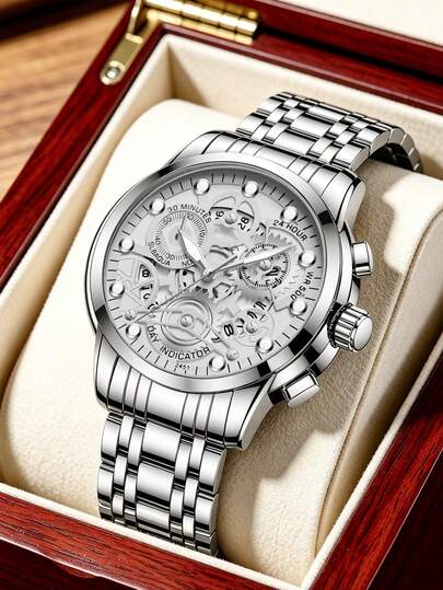 VA VA VOOM 1PC Men's Watch Fashion Stainless Steel Hollow Dial Casual Sports Style Night Light Male Clock Gold & Black & Silver Original Quartz Movement Rhinestone Luxury Wrist Watches