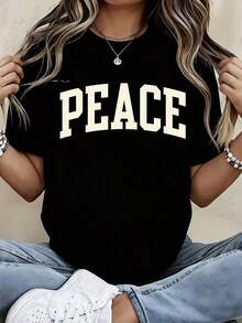 Round Neck T-Shirt With Peace Print, Casual, Comfortable, Loose Fit, For Everyday Wear And Light Activities - Vintage Urban Style, Unisex, Cotton, Short Sleeve, 100% Cotton - 黑色 - 查看 3