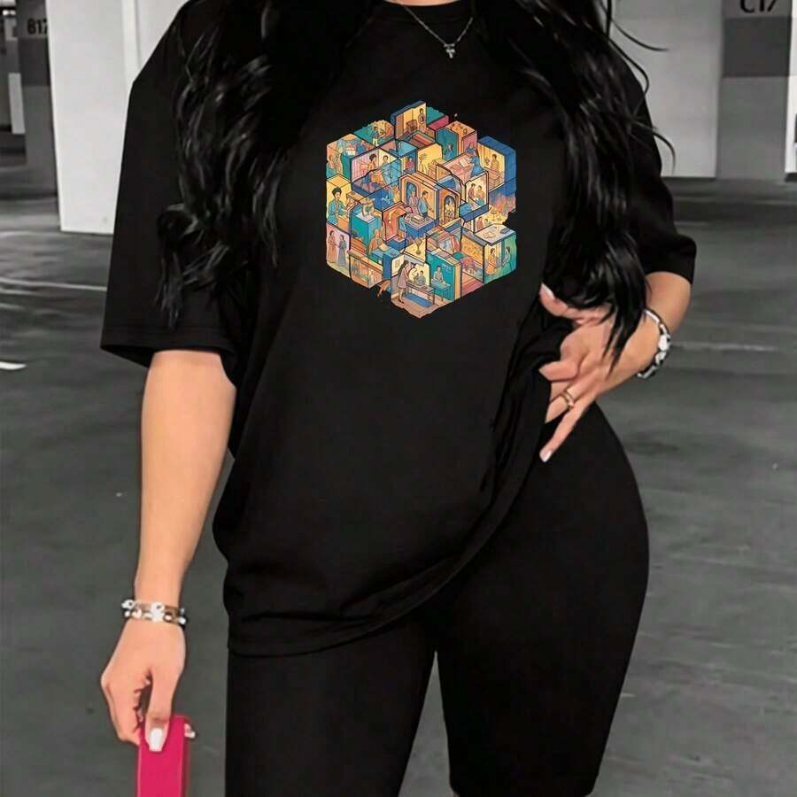 Soft 1 pieza camiseta mujer estampado cubo 3D estilo urbano casual para jóvenes Disponible en varios colores pattern - Negro - Ver 1