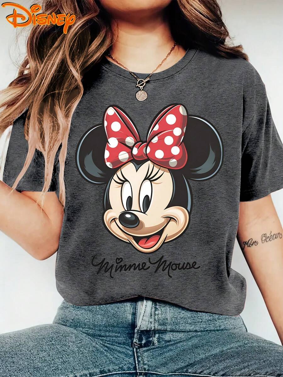 Women'S Disney Short-Sleeve Classic Retro Minnie Mouse Big Head Smile Print Round Neck Summer T-Shirt, Suitable For Spring, Summer, And Autumn, Perfect For A Disney Trip, Stylish Casual Daily Commuting Vacation Versatile Retro Top In Sizes S-XXL - 深灰色 - 查看 1
