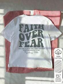1 Piece Of Women's Short-Sleeve Crew Neck Graphic Tee - "FAITH OVER FEAR" With Bold Back Print Featuring Psalm 118:6, Christian Faith Aesthetic, Casual Everyday Top, 180g 100% Cotton, Designs Are Fully Printed. Unisex. - 白色 - 查看 2