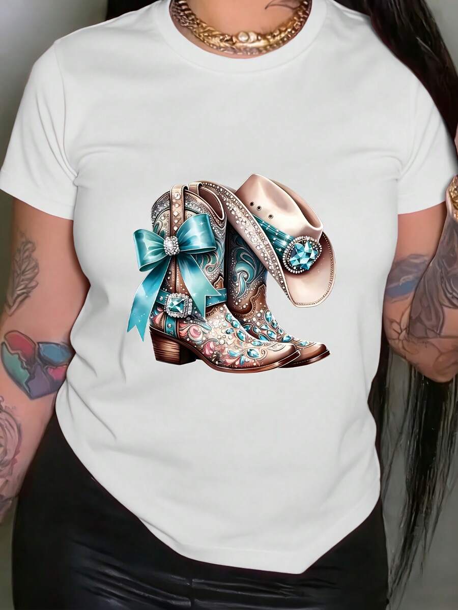 Camiseta de mujer con estampado de botas de vaquero, de manga corta, cuello redondo, estilo casual, adecuada para verano y primavera, ropa de mujer. - Blanco - Ver 1