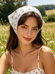 1pc Cute Cherry Print Lace Trim Triangular Scarf, Sweet Girl's Daily Wear Hair Accessory, Convenient Head Wrap, Academic Style Graduation Photo Prop, Matching Bestie Back To School Outfit Accessory - White - View 8