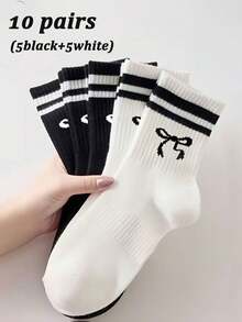 5/10 Pares de Meias Femininas Listradas Pretas e Brancas com Laço, Meia-Cano, Minimalista e Respirável, Adequada para Uso Diário, Viagens, Versátil para Todas as Estações - Preto e Branco - Visão 10