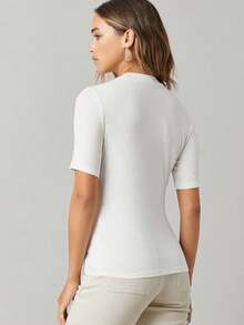BASICS Blusa de mujer de unicolor con cuello mao, manga corta, de estilo sencillo y casual - Blanco - Ver 3