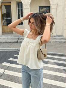 Blusa casual de mujer con cuello cuadrado a rayas y volantes, estilo francés de nicho con diseño de cuello cuadrado a rayas y mangas con volantes, fresca y versátil, nuevos estilos casuales de verano para mujer, blusa a rayas, top de verano para m - Albaricoque - Ver 9