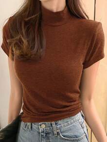 Blusa de cuello alto ajustada de manga corta para mujer, top preppy - Óxido marrón - Ver 8