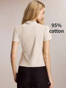 Camiseta de manga corta elegante de unicolor para mujer, casual de negocios para damas, maestras, oficina, escuela, top básico - Albaricoque - Ver 7