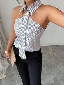 Camisa de rayas casual y de uso diario para mujer, sencilla y versátil de moda para el verano - Blanco y Negro - Ver 4