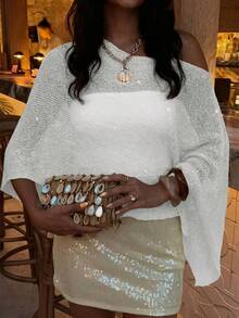 Copricostume estivo GLAMMY, top a scialle in maglia leggera con frange e paillettes, stile sexy Y2K, colore unito, orlo asimmetrico. Scialle da spiaggia minimalista bianco/beige, adatto per uscite primaverili/estive, festival musicali, concerti country, stile di strada quotidiano - Bianco - Visualizzare 4