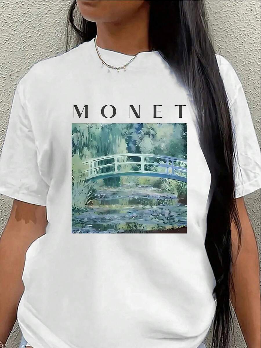 Camiseta de manga corta, ligera y duradera, estampada con la obra de arte del lirio de agua de , es perfecta para salidas informales en casa o en una cafetería, ofreciendo una experiencia de uso diario cómoda. - Blanco - Ver 1