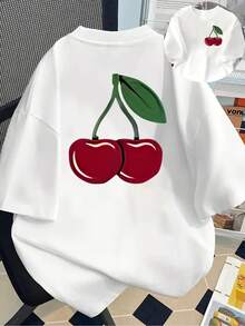 Camiseta casual de manga corta para mujer, con estampado de cerezas en la parte delantera y trasera, diseño de frutas rojas, cuello redondo, para verano y primavera, ropa de mujer 100% algodón. - Blanco - Ver 7