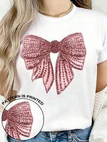 Camiseta casual de mujer con diseño de lazo brillante - Mangas cortas, cuello redondo, perfecta para primavera y verano, camiseta casual | Camiseta de cuello redondo | Decoración brillante, camiseta para damas - Blanco - Ver 1