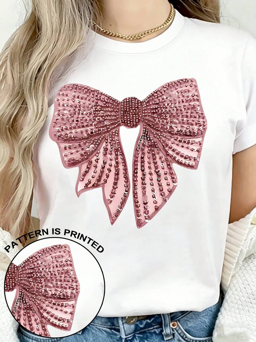Camiseta casual de mujer con diseño de lazo brillante - Mangas cortas, cuello redondo, perfecta para primavera y verano, camiseta casual | Camiseta de cuello redondo | Decoración brillante, camiseta para damas - Blanco - Ver 1