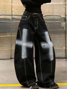 1 chiếc quần jeans ống rộng thoải mái dáng rộng, phong cách đường phố Nhật Bản, phối patchwork, vẽ tay họa tiết dao cong, casual - màu đen - Xem 7