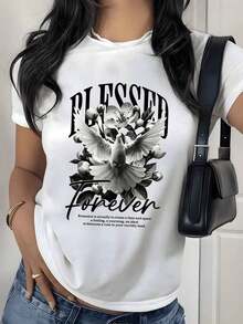 Camiseta con Estampado Gráfico de Palomas y Flores Forever Dove, 180g, 1 Pieza, Camiseta Casual Inspiradora para Mujer, 100% Algodón, Estilo Vintage Streetwear - Blanco - Ver 1