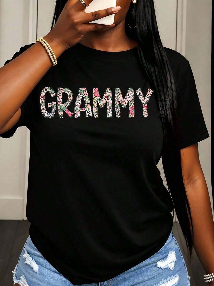 Camiseta Casual para Mujer con Estampado Floral Grammy, Camiseta Gráfica para Regalo del Día de la Abuela o de la Madre, para Salidas Familiares - Negro - Ver 1