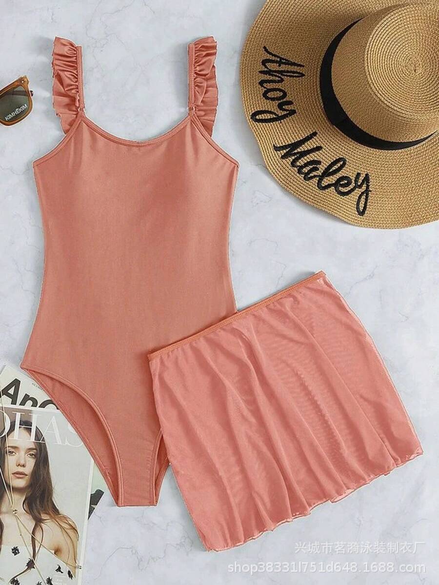 Nuevo y elegante traje de baño de una pieza multicolor y sexy, estilo BIKINI de tres piezas. - rosa oscuro - Ver 1