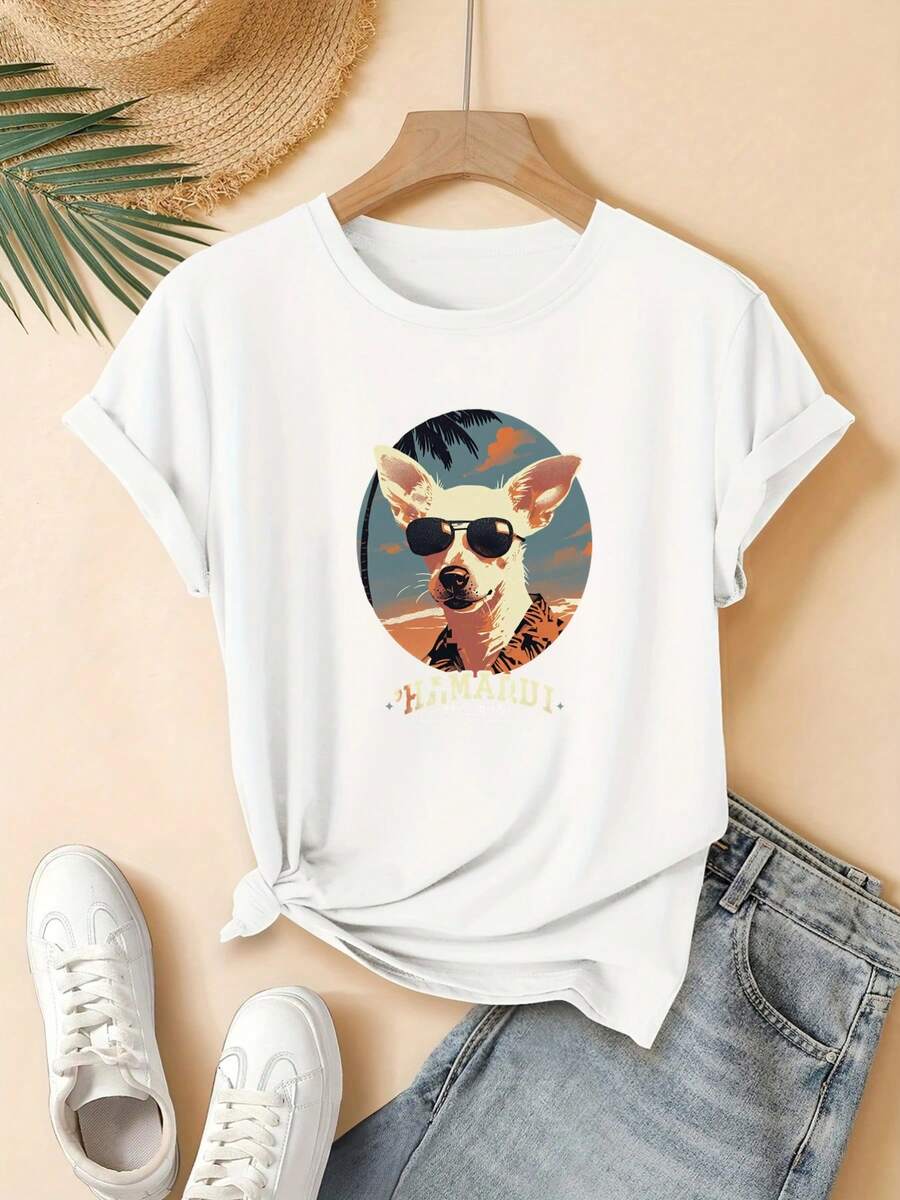 Women's T-Shirt, New Style, Short Sleeve T-Shirt For Women, Dog Print Design With Sunglasses, Tropical Style, Modern, Beautiful And Casual - 白色 - 查看 1