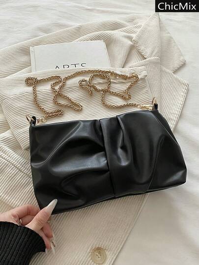 Fashionable And Solid Color Pleated Elegant Shoulder Bag, Classic And Versatile Practical Gold Chain Women's Crossbody Bag, Suitable For Shopping, Wallets, Shopping, Young Women, College Students, Newcomers, And White-Collar Workers. They Are Very Suitable For Offices, Universities, Work, Business, Commuting, Outdoor Activities, Travel, And Outings